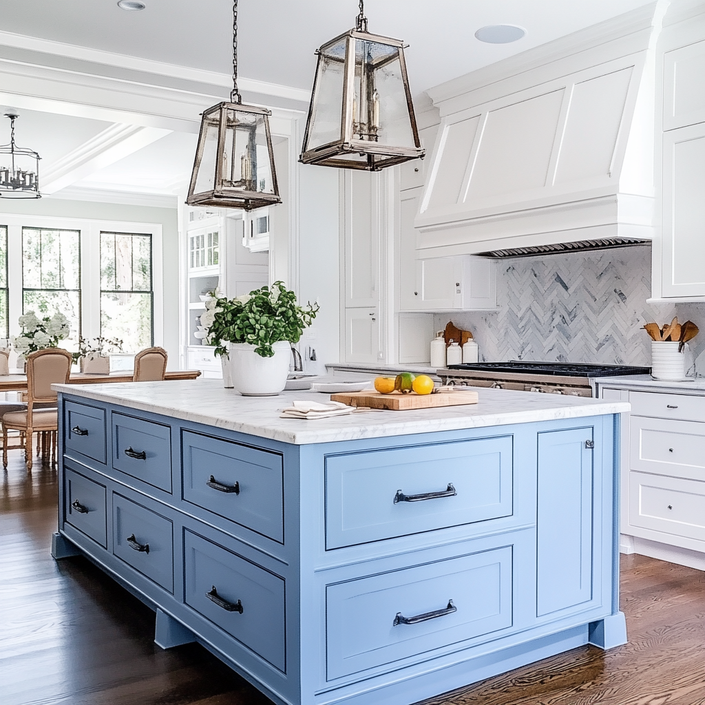 Trendy Cabinet Styles In 2025 » Blue Kitchen Island Trend | Cabinets, Countertops, Flooring Cabinet Styles, Cabinets With Lights, Kitchen Cabinet Color Trends, Kitchen Designs, Two-Toned Cabinets » Blue Kitchen Island Trend » Cabinets, Countertops, Flooring Media